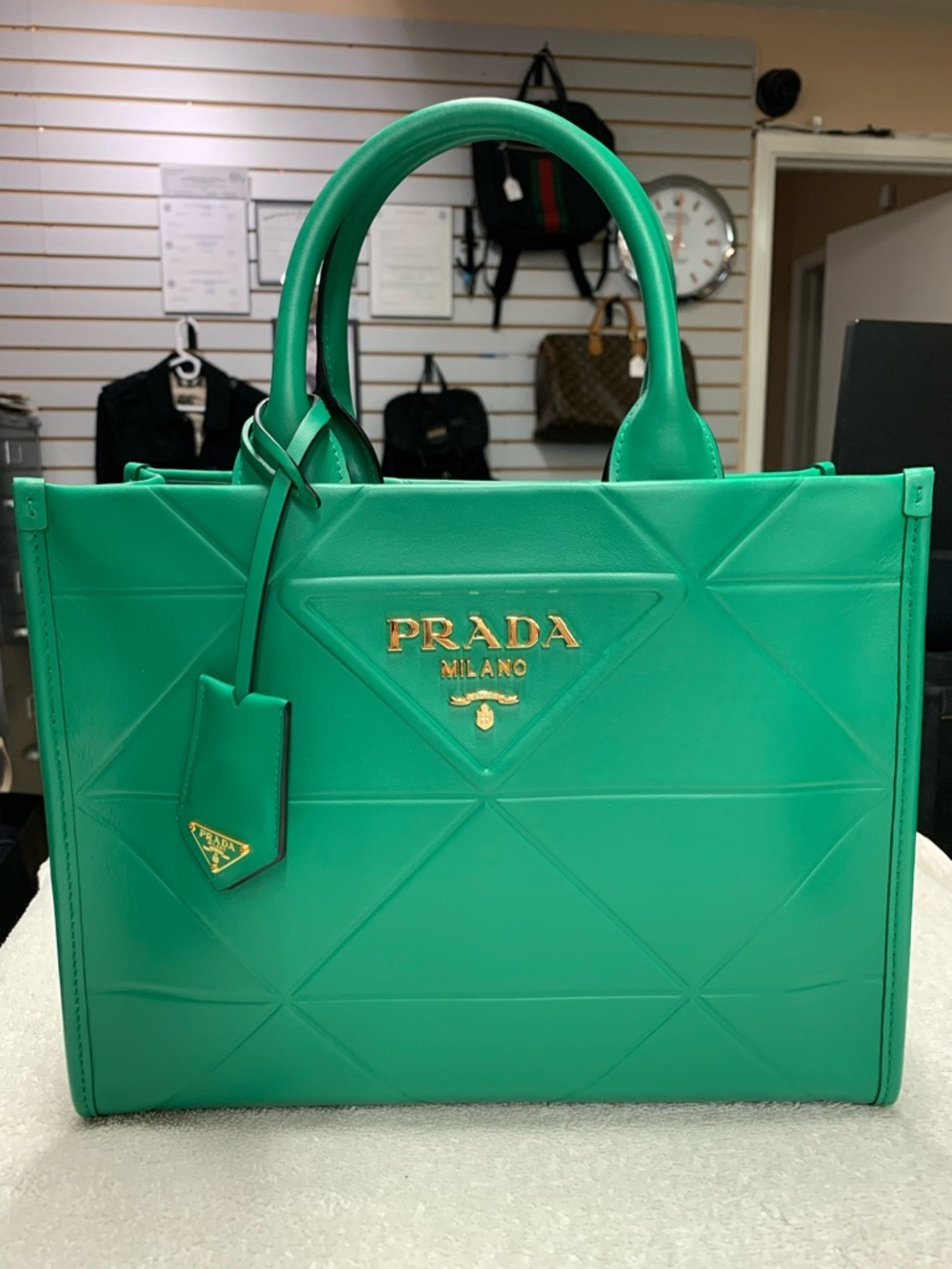 Prada Symbole Green Leather Small Shopper Tote Bag